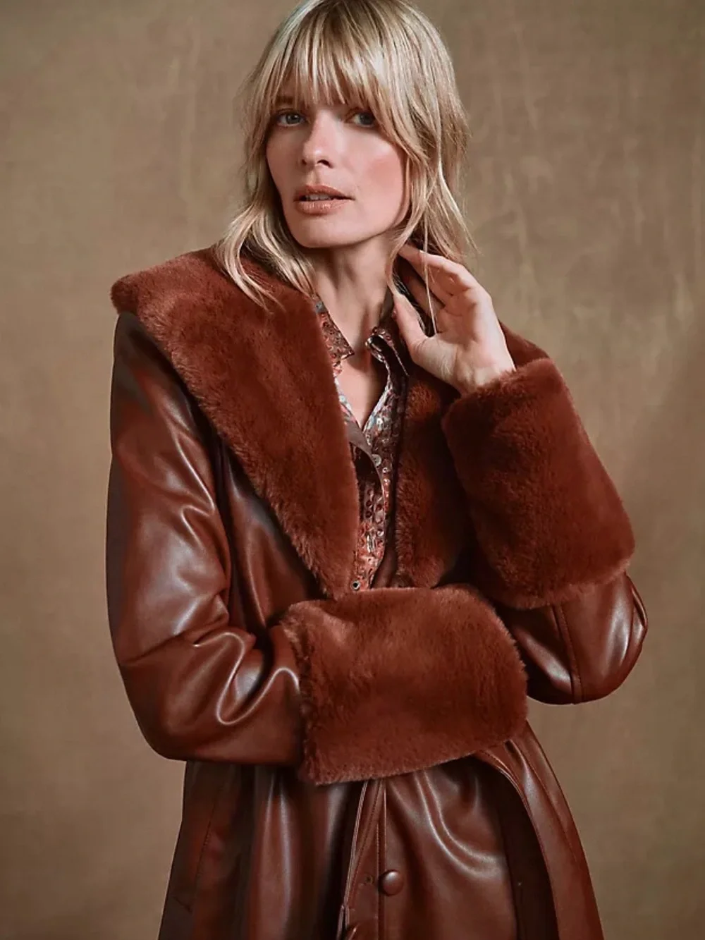Avec Les Filles Rich Chestnut Faux Leather Jacket with Faux Fur Trim Medium - Picture 1 of 12